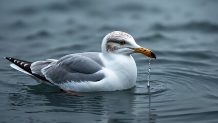Obraz premium A beautiful seagull seabird of the family Laridae in the sub-order Lari swimming after enjoying a cool sip of water.