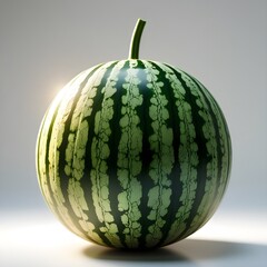 A watermelon with green stripes is sitting on a white background. The image has a bright and cheerful mood, as the watermelon is a symbol of summer and freshness.   