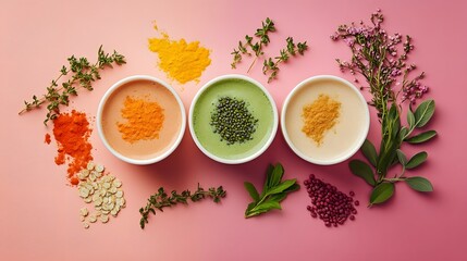 Assortment of Aromatic Spices and Herbs in Bowls on Pink Background
