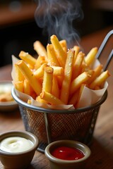 A basket of french fries with a variety of condiments including ketchup, mustard, and mayonnaise. 