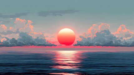 Stunning Sunset Over Tranquil Ocean Landscape with Dramatic Clouds and Vibrant Reflections