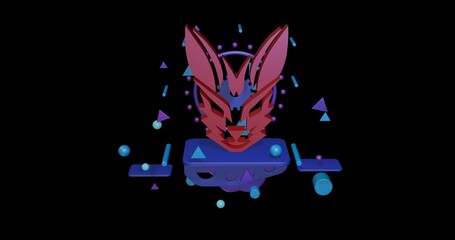 Fototapeta premium Red hare's head symbol on a pedestal of abstract geometric shapes floating in the air. Abstract concept art with flying shapes in the center. 3d illustration on black background