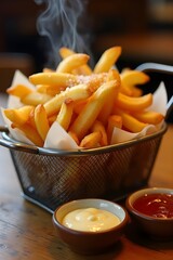 A basket of french fries with a variety of condiments including ketchup, mustard, and mayonnaise. 