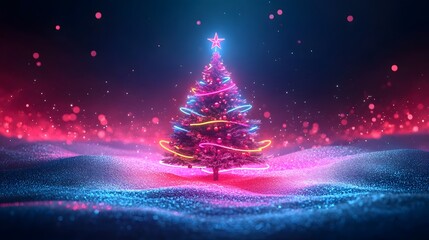 Glowing Christmas Tree in Snowy Winter Landscape at Night