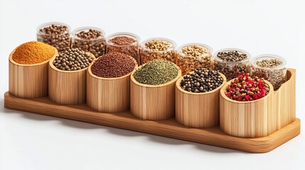 Wooden Containers Filled with Assorted Aromatic Spices and Herbs on Rustic Background