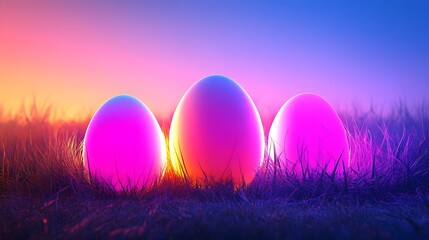 Vibrant Colored Easter Eggs Glowing in Serene Grassland at Sunset or Sunrise