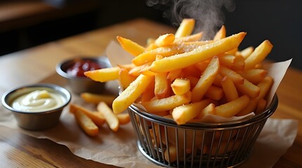 A basket of french fries with a variety of condiments including ketchup, mustard, and mayonnaise. 