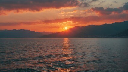 Fototapeta premium Orange sunset on the sea with the sun, a beautiful sky on the background of mountains. With empty copy space for text