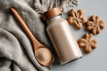 Jar of powder with wooden spoon and cookies on a cloth background.