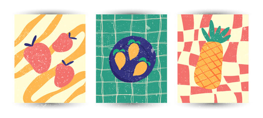 Set of Hand Drawn Fruit and Flower Illustrations – Vintage Style Minimal Posters with Grunge Texture. Includes lemon, strawberries, pineapple in pastel backgrounds with textured grunge finish