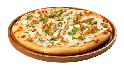 Delicious Chicken Alfredo Pizza Slices on Wooden Platter Appealing Food Photography for Restaurant Menu or Website