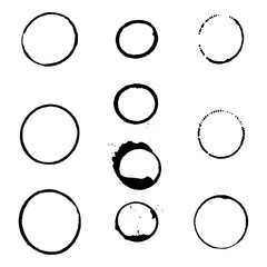 10 isolated coffee, tea and wine stains. Black marks from cups. Vector illustration.