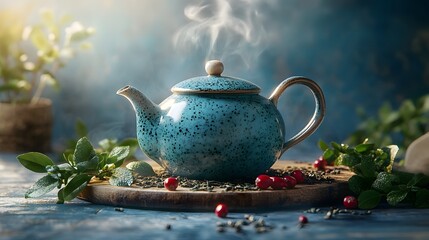 Cozy Autumn Herbal Tea in Vintage Ceramic Kettle on Rustic Wooden Table with Leaves and Berries