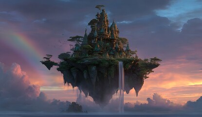 Floating Pixel Art Fantasy City at Sunset with Rainbow