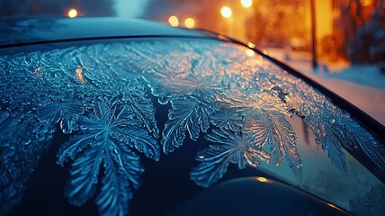 Intricate Icy Patterns on Frozen Glass Window in Wintry Landscape