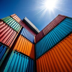 Fototapeta premium Colorful Shipping Containers, Shipping Containers in Bright Sunlight, Vibrant Shipping Containers Stacked