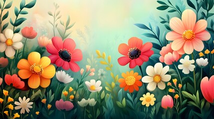 Vibrant Floral Garden with Blooming Flowers in Meadow Landscape