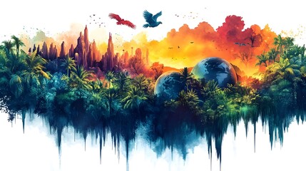 Vibrant Tropical Jungle Sunset Landscape with Fantastical Flora and Fauna