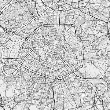 Paris Area Map with Labels and Neighborhoods - One color, minimalistic design