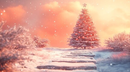 Enchanting Winter Wonderland with Glowing Christmas Tree and Sparkling Snow