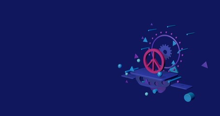 Fototapeta premium Pink peace symbol on a pedestal of abstract geometric shapes floating in the air. Abstract concept art with flying shapes on the right. 3d illustration on indigo background