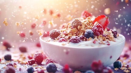 Healthy Homemade Granola and Yogurt Breakfast Bowl with Fresh Berries