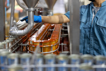 Food production Canned fish factory. Food industry. Canned Fish manufacturing. Sardines in tomato sauce packed in aluminum cans automated production line conveyor belt. Industrial production lines.