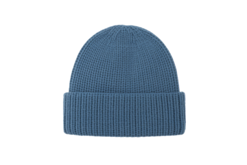 Soft blue knitted winter beanie hat isolated on white background