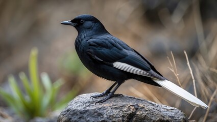 Obraz premium A black bird with a distinctive white tail perched on a rock in a natural habitat, displaying its sleek feathers and alert gaze.