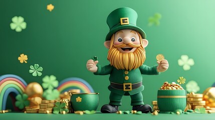 Cheerful Leprechaun Holding Gold Coins and Shamrocks on St  Patrick s Day