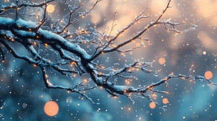 Magical Winter Wonderland with Snowy Branches and Twinkling Bokeh Lights