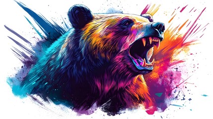 Vibrant Colorful Abstract Painting of a Fierce Grizzly Bear Roaring