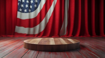 Patriotic American Flag Backdrop on Wooden Stage with Red Curtain