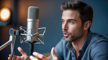 Smiling charismatic man in a podcast studio with a professional microphone, ideal for media, broadcasting, or influencer content