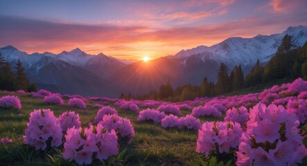 Obraz premium Beautiful sunset in the mountains with a meadow of pink rhododendron blossoms.