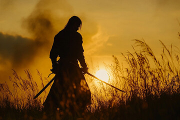 Silhouette of a man dropping his sword