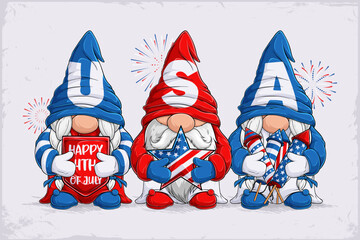 Hand drawn cute gnomes in 4th of July disguise holding firecrackers, a star, an emblem in American flag pattern, celebrating veterans day