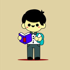 Cute Cartoon Boy Reading a Book and Holding a Backpack