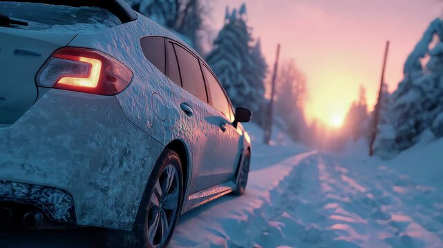 Close-up of a snow-covered car driving through a winter suburban road at sunset, highlighting tires and headlights