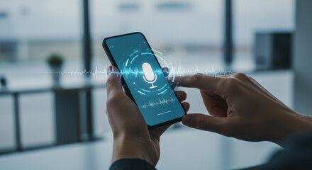 Virtual Assistant: Man Uses Voice Command App on Mobile Phone for Voice Recognition