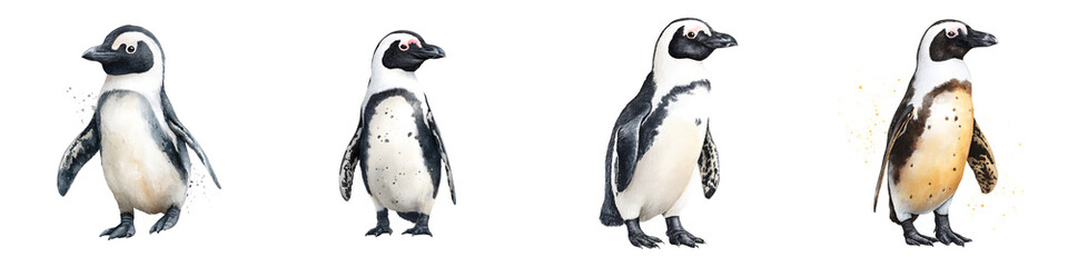 Fototapeta premium Charming, playful penguins in various poses showcasing their unique expressions, ideal for nature-themed designs, educational materials, or wildlife conservation awareness.