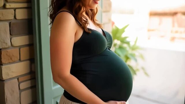 Very pregnant woman, close to her due date rubbing her belly