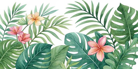 Watercolor Tropical Leaves and Flowers Arrangement, Floral Art ,Summer
