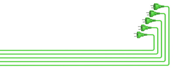 Obraz premium Green electrical cords and plugs as banner backdrop. Template background. Copy space. Isolated on a transparent background. 3d illustration.