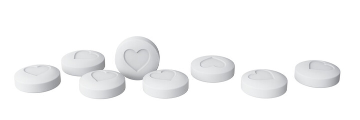 White heart pills isolated on transparent background. Heart disease medications. 3D illustration.