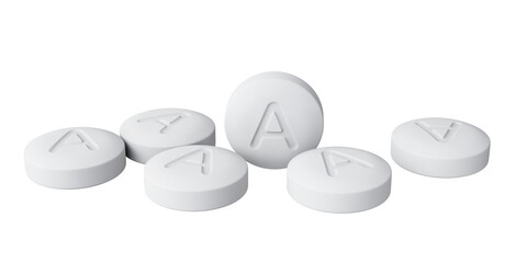 Vitamin *A* tablets isolated on transparent background. Essential vitamin A pills helping to restore skin vitality and smooth away aging effects. 3D illustration.