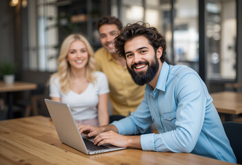Happy Young Team Collaborating on Laptops in Home Office – Modern Freelance Workspace with Diversity.    Generative AI