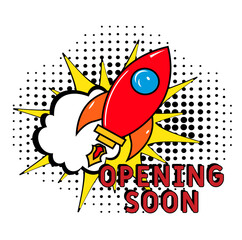 Opening Soon. Comic book explosion with text Opening Soon. Banner for business, marketing and advertising. Social Media banner. Vector bright cartoon illustration in retro pop art style. Creative post