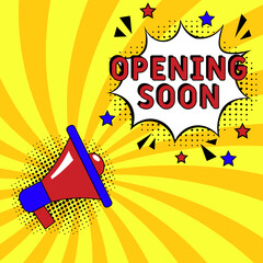 Opening Soon. Comic book explosion with text Opening Soon. Banner for business, marketing and advertising. Social Media banner. Vector bright cartoon illustration in retro pop art style. Creative post