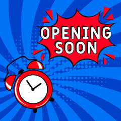 Opening Soon. Comic book explosion with text Opening Soon. Banner for business, marketing and advertising. Social Media banner. Vector bright cartoon illustration in retro pop art style. Creative post